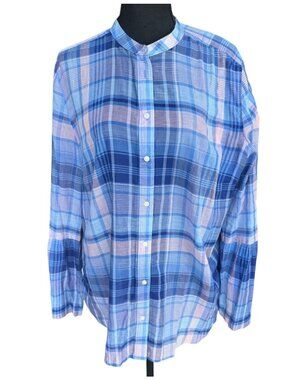 Softened Loft Semi Sheer Plaid Shirt Top XL Blue Pink Cotage Core Artsy Cotton